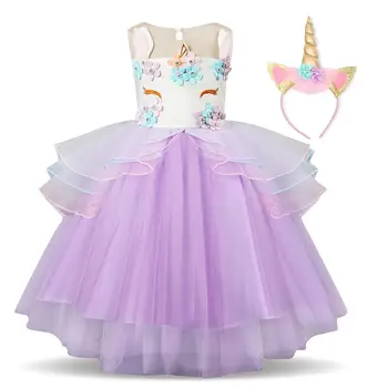 Fantāzija Bērniem Unicorn Kleita Ar Galvas saiti, Lai Bērnu ballītē Meitenes Princeses Kostīms, Bērnu Dzimšanas dienu Meitenes Tutu Ziedu Apģērbi