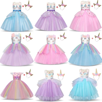 Fantāzija Bērniem Unicorn Kleita Ar Galvas saiti, Lai Bērnu ballītē Meitenes Princeses Kostīms, Bērnu Dzimšanas dienu Meitenes Tutu Ziedu Apģērbi