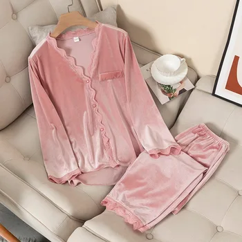Fiklyc apakšveļa samta dāmas V-veida kakla ziemas pidžamas komplekti 2 gabalus, brīvs stils āra sleepwear mājas apģērbu luksusa pijamas