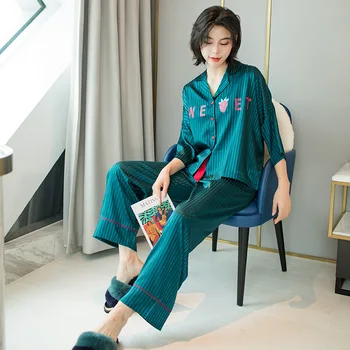 Fiklyc apakšveļa sieviešu garās bikses & piedurknēm rudens gadījuma brīvs stils satīna pidžamas komplekti sieviešu salds naktsveļu telpās