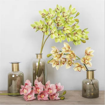 Flone 10 Vienības Mākslīgā Cymbidium Ziedu Lateksa Orhideju Viltus Ziedu Nekustamā Touch Ziedu Zars Kāzu Mājas Puse Pavasarī Apdare