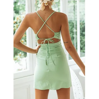 Foridol sexy backless spraugas, vasaras puse kleita sievietēm bodycon mežģīnes up ikdienas kokvilnas mini kleita sundress zaļo pludmales kleita vestidos