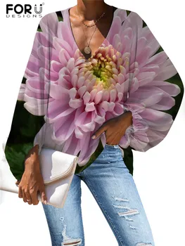 FORUDESIGNS Sieviešu Blūze 3D Ziedu Drukāt Brīvs Krekls ar garām Piedurknēm V-veida kakla Topi, Krekli Plus Lieluma Dropshipping