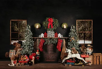 Fotogrāfijā Fona Ziemassvētku Ķieģeļu Sienu, Kamīnu Fons Ziemassvētku Eglīšu Rotaļlietu Dāvanu Dzimšanas Dienas Svinības Fons, Photocall Prop