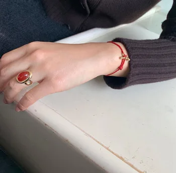Franču stilā 925 sterling sudraba atvērt gredzenu sarkano agate gredzenu minimālisma sieviešu modes dizaina sajūtu ins neto sarkano gredzenu punk