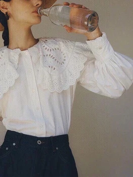 Franču Vintage Izšuvumi Dobi Mežģīnes Lielu Atloks Balts Kokvilnas Krekls, Garās Laternu Piedurknēm 2020. Gada Rudenī Jaunu Visu Maču Augšu