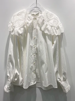 Franču Vintage Izšuvumi Dobi Mežģīnes Lielu Atloks Balts Kokvilnas Krekls, Garās Laternu Piedurknēm 2020. Gada Rudenī Jaunu Visu Maču Augšu