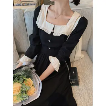 Franču Vintage Kleita Sievietēm Gadījuma Pogu Elegants Puse Kleita Ar Kvadrātveida Apkakli, Garām Piedurknēm Melnā Kleitā, Korejiešu Apģērbu 2021. Gada Pavasarī