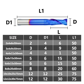 Frēzēšanas 2 Flautas 1-12mm Plakans Gals Frēzēšanas Bitu Nano Zilā krāsā ar Pārklājumu HRC55 CNC Apstrādes Rīks Maršrutētāju Bitu Karbīda Beigām Dzirnavas