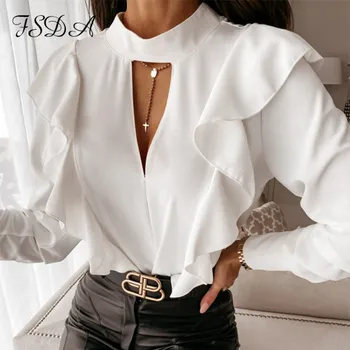 FSDA 2020. gadam, Sievietēm, Ruffles Blūze, Krekls Balts, ar garām Piedurknēm Rudens Ziemas Gadījuma Elegants Melns Dobi No Sexy Top Krekls Modes Dāma