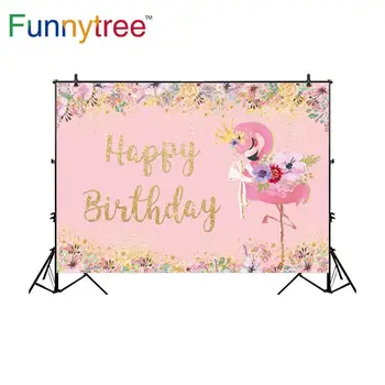 Funnytree backdrops par fotogrāfiju, studio rozā Flamingo tēmu dzimšanas dienas svinības ziedi zelta dekoru fona photocall izdrukāt