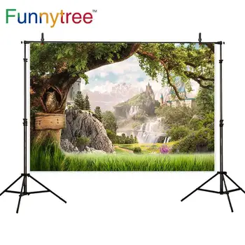 Funnytree fotogrāfija photocall pils kalnu koku koksnes wonderland pūce dabas Pļavu fantasy backdrops Foto fona