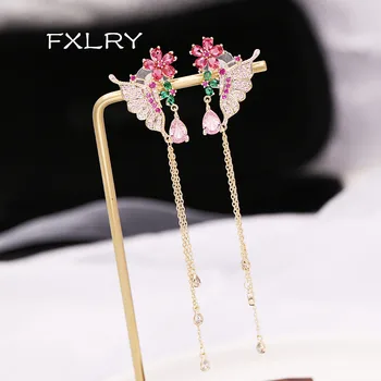 FXLRY elegants mozaīkas kastīšu krāsu kubiskā cirkonija žilbinošas Ilgi butterfly ziedu auskari sievietēm, Kāzu Līgavas Rotaslietas