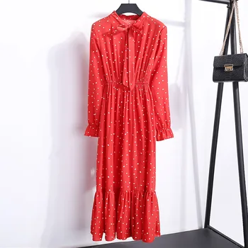 Gadījuma Korejiešu Stila Šifona Kleita Sievietēm Ziedu Drukāt Garām Piedurknēm Loku Augsta Vidukļa Biroja Kleitu Elegants Pavasara Midi Kleitu Vestido
