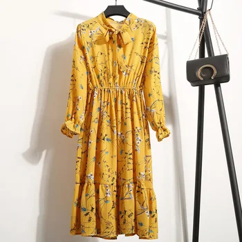 Gadījuma Korejiešu Stila Šifona Kleita Sievietēm Ziedu Drukāt Garām Piedurknēm Loku Augsta Vidukļa Biroja Kleitu Elegants Pavasara Midi Kleitu Vestido