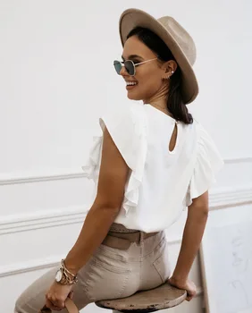 Gadījuma Vasaras Sievietēm, Balts T-Krekls Ar O-Veida Kakla Piedurknēm Ruffles Topi Modes 2020. Gadam, Sievietēm, Streetwear Krekls Slim Dāmas Tee Krekli