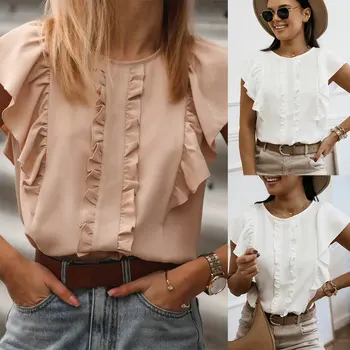 Gadījuma Vasaras Sievietēm, Balts T-Krekls Ar O-Veida Kakla Piedurknēm Ruffles Topi Modes 2020. Gadam, Sievietēm, Streetwear Krekls Slim Dāmas Tee Krekli