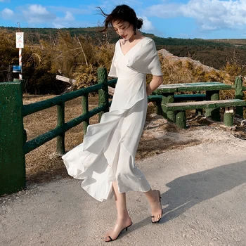 Garš Balts Slim-vidukļa Sievietes Vasaras Kleita Elegantā Vintage Savirmot Brīvdienas Puse Backless Kleita korejas Skrejceļa 2020. Gadam Gadījuma Beach