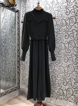 Garš Trikotāžas Kleita 2020 Rudens Ziemas Modes Stils Sievietes Augstu Uzrullētu Apkakli Savirmot Deco Garām Piedurknēm Melnā, Tumši Zilā Garš Džemperis Kleita