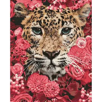 Gatyztory Ziedu Leoparda Krāsas Cipari Pieaugušajiem Bērniem HandPainted Dzīvnieku Eļļas Glezna Audekls Zīmēšanai Mākslas Darbu, Sienas Dekori