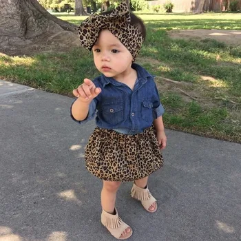 GEMTOT Bērnu uzvalks 2019 ins sprādzienu modeļiem vasarā jaunas meitenes tērps imitācija džinsa krekls leopard īsi svārki divu gabalu