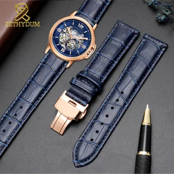 Genuin ādas rokassprādzi tumši zilā krāsā pulksteņu siksniņas Tauriņš Aizdare watchband izmēra 12 14 16 18 20 21 22 mm 23mm skatīties band