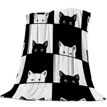 Geometic Melns Balts Kaķis Segu Unisex Bērniem Bedchamber Dīvāna Pārklājs Met Vāciņu, Izturīgs, Silts, Mājīgs Segas Segas