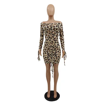 Gepards Leopards Drukāt Rudens Pārsējs Mini Kleita Sievietēm Pie Pleca Ruched Aukliņu Vestidos Gudrs Pilnu Piedurknēm Backless Kleitas