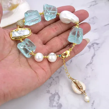 GG Rotaslietas Kultivētas Balts Keshi Pērle Biwa Pērle, zelta krāsas pārklājumu Zilā Stikla Aptuvenu Aproce 8