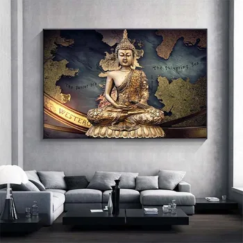 Golden Buddha Plakāti un Izdrukas Sienas Mākslas Audekls Gleznošanai Budistu Noskaņojumu Attēli uz dzīvojamo Istabu Mājas Budas Apdare