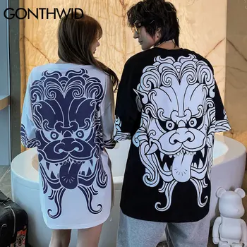 GONTHWID Tshirts Gadījuma Smieklīgi, Ķīnas Lauvu Drukāt Īsām Piedurknēm t-veida Krekli Streetwear Mens Hip Hop Harajuku Gadījuma Kokvilnas Topi