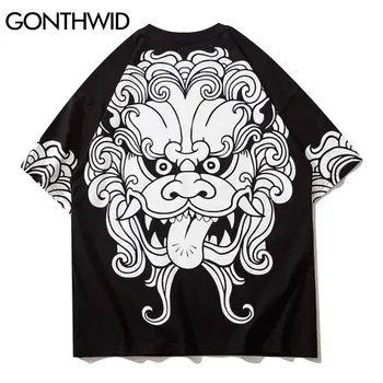GONTHWID Tshirts Gadījuma Smieklīgi, Ķīnas Lauvu Drukāt Īsām Piedurknēm t-veida Krekli Streetwear Mens Hip Hop Harajuku Gadījuma Kokvilnas Topi