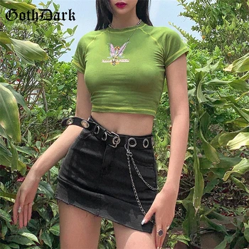 Goth Tumši E-meitene Salds Harajuku Bodycon Crop Topi Tee Sieviešu Eņģelis Grafiskais Izdrukāt Gadījuma T-krekli Green Summer O-veida kakla Top