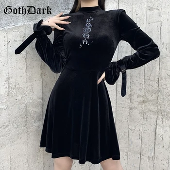 Goth Tumši Elegants Samta Gothic Vintage Mini Kleitas Melnā Augstu Vidukli, Garām Piedurknēm Grafiskais Izšuvumi Kleita Sievietēm Slim Partywear