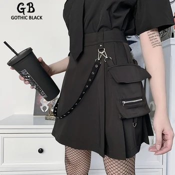 Gothblack Streetwear Augsta Vidukļa Tīrtoņa Krāsu Svārki Gothic Sieviešu Punk Salaist Ķēdes Rīki-Line Svārki Sieviešu 2020. Gadam Puse Svārki