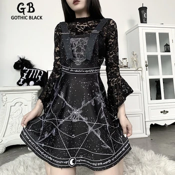 Gothblack Vintage Elegants Spageti Siksnas Pentagramma Rožu Drukas Kleita Gothic Sievietēm Zaudēt Mini Kleita Sieviešu Harajuku Puse Kleita