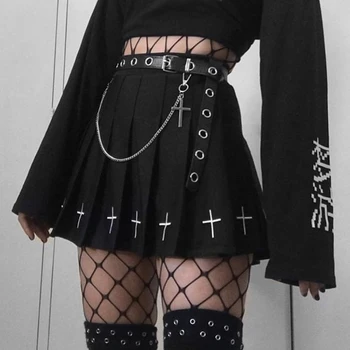 Gothic Black Sievietes Augsta Vidukļa, Krusta Drukāšanas Salaist Kroku Svārki Goth Koledžas Lolita Mini Svārki Streetwear Punk Tumši Svārki