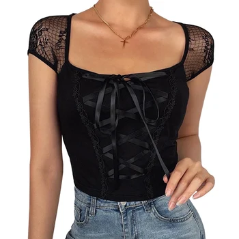 Gothic Black Tee tīrtoņa Krāsu Mežģīņu Piedurknēm Laukumā Apkakles T Krekls Slim Apsēju Izdilis Top Sieviešu Vasaras Ielu T-krekls Cmiseta 2020