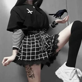 Gothic Harajuku Bikses Sieviešu Sexy Mežģīņu Pleds Augsto Vidukli, Melna balta Bikses Vaļīgas, Streetwear, Cēloņu Vasarā Ir 2021. Hipster Modes