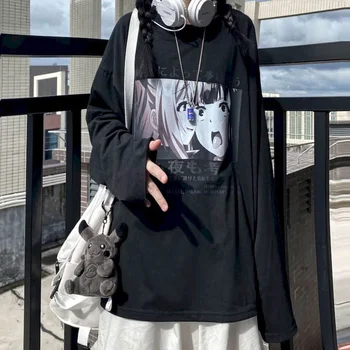 Gothic tshirt sieviešu, vīriešu garām piedurknēm, sieviešu korejas ins Harajuku retro karikatūra anime drukāt brīvs T-krekls studentu zemāko shir
