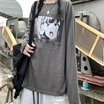 Gothic tshirt sieviešu, vīriešu garām piedurknēm, sieviešu korejas ins Harajuku retro karikatūra anime drukāt brīvs T-krekls studentu zemāko shir