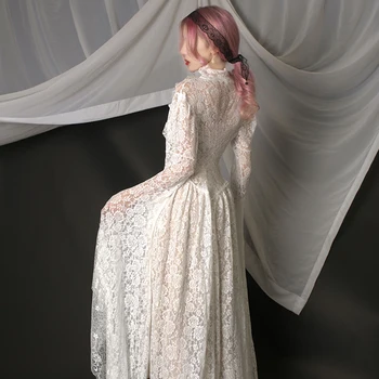 Gothic Vintage Sieviešu Kleita Balta Mežģīņu Super Garām Piedurknēm, V Veida Kakla Puse Kleita Vienā Gabalā