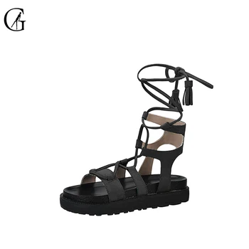 GOXEOU Sieviešu Sandales Melnas Pūkas Gladiator Mežģīnes Up Strappy Platforma Modes Gadījuma Dāmas Kurpes Izmērs 34-43