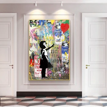 Grafiti Mākslas Banksy Mākslas Meitene Saimniecībā Baloni Audekla, Gleznas pie Sienas, Mākslas Plakāti un Izdrukas, Bildes, Bērnu Istabas Sienas Dekors