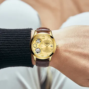 GUANQIN jaunu Mehānisko top zīmola luksusa skatīties pulkstenis vīriešiem Automātiskā ūdensizturīgs zelta wastch keleton dubultu kustību erkek kol saati
