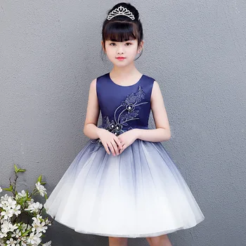 Gudrs Bērniem, Svētku Drēbes Bērniem Puses Vakara Princese Sundress Tumši Zilu Ziedu Maz Meitenes Saģērbt Kāzu Notikumi