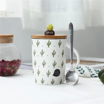 Gudrs Kaktuss Keramikas Krūze Kafijas Tases Radošus Piena Tējas Tase Ar Vāku Un Karoti Mājās No Rīta Krūzes
