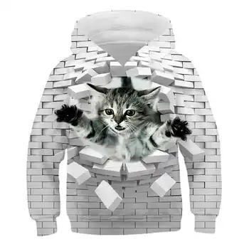 Gudrs kaķis ārā no drēbēm 3D iespiesti pelēkā vārna zēns pelēkā vārna meitene topi dzīvnieku rakstu rudens plānas bērnu apģērbs sporta krekls