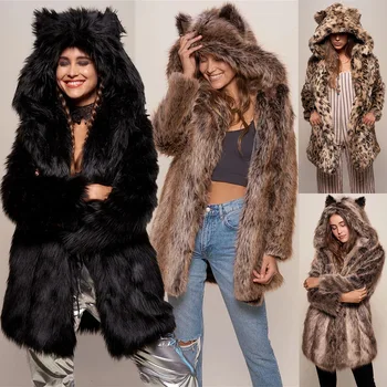 Gudrs Rotaļu Lāča Kažokādas Sieviešu Mētelis 2020 Jaunas Ziemas Ielas Hipster Modes Sieviešu Cepure Vidū Garums Leoparda Kažoku Sieviešu 3 Stili