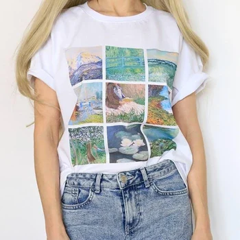 HahayuleWomen Vintage Monē Glezna T-Krekls Mīksto Grunge Estētisko Iespiesti Tee Atdzist Vasaras Topi